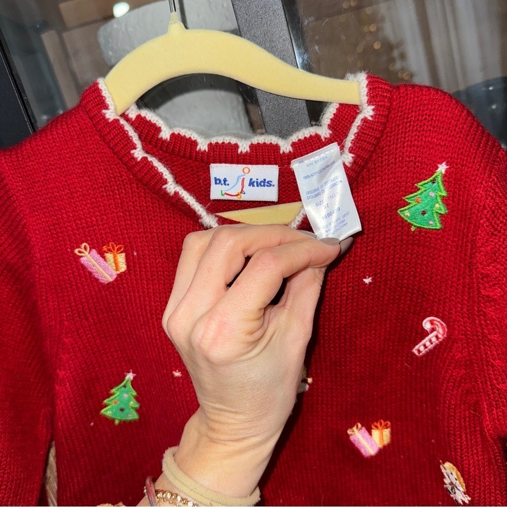 Vintage Christmas knit sweater embroidered toddler girl holidays bows candy cane - Picture 3 of 8